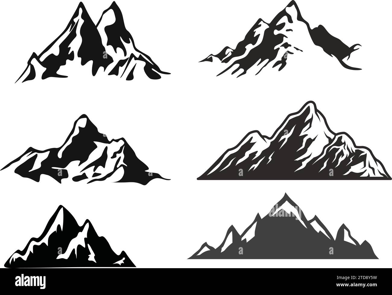 Serie di illustrazioni vettoriali di una semplice icona della linea di montagna, cima della silhouette di montagne rocciose Illustrazione Vettoriale