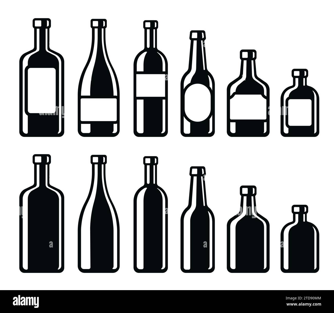 Icone delle bottiglie di bevande alcoliche. Vino, champagne, birra, whisky, liquore duro. Illustrazione vettoriale in bianco e nero semplice ed elegante. Illustrazione Vettoriale