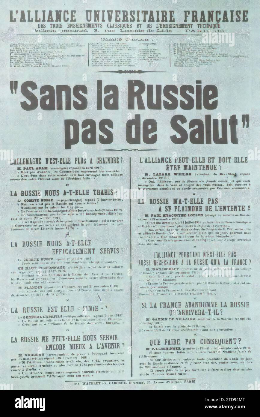 Parigi, Francia poster dell'Alleanza Universitaria francese "senza Russia, senza salvezza", registrazione, informazione, vita politica, poster, Propaganda, socialismo, comunismo, Francia, Parigi, poster: The French University Alliance 'Without Russia, no salute', Parigi, 05/02/1920 - 05/02/1920, Léon, Auguste, fotografo, Autochrome, foto, vetro, Autochrome, foto, positivo, verticale, dimensioni 9 x 12 cm Foto Stock