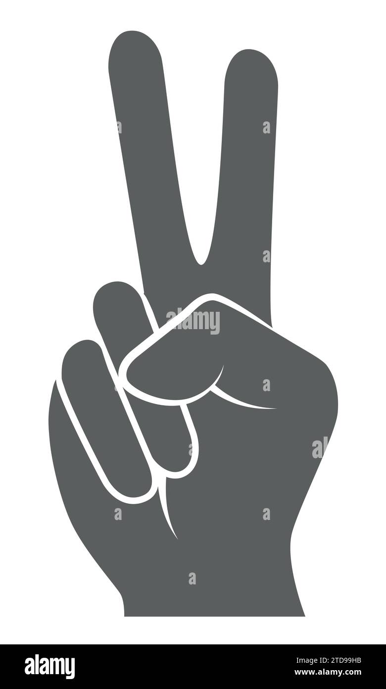 Gesto della mano con segno a V con due dita alzate per il simbolo della vittoria e della pace, illustrazione della silhouette vettoriale in bianco e nero Illustrazione Vettoriale