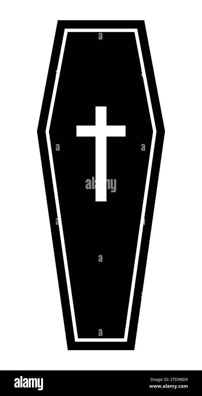 Una bara, sagoma vettoriale in bianco e nero, raffigurante una scatola funeraria con croce, isolata su bianco Illustrazione Vettoriale