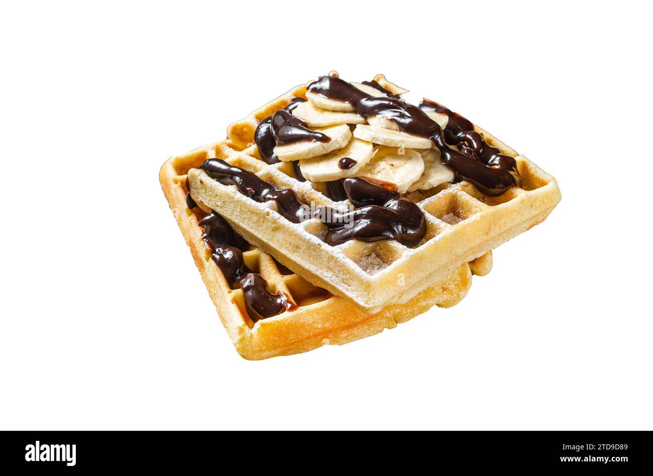 Colazione con waffle belgi, banana e sciroppo al cioccolato. Isolato su sfondo bianco Foto Stock