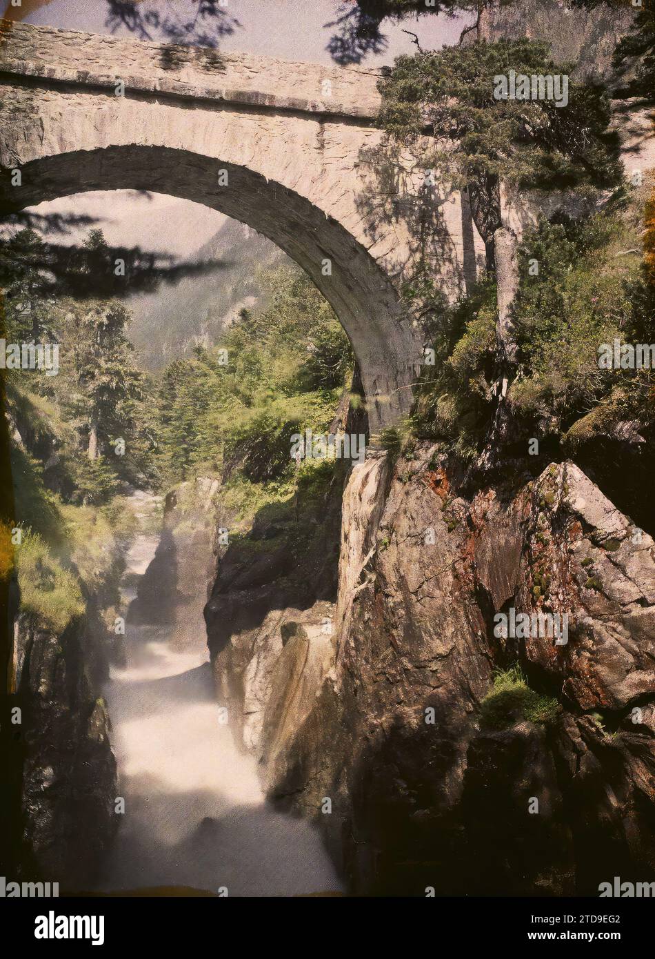 Pont d'Espagne, Spagna, Europa, Hautes-Pyrénées, Francia, natura, ambiente, Habitat, architettura, paesaggio, cascata, ingegneria civile, idrografia, gola, vegetazione, Botany, Bridge, Francia, le Pont d'Espagne, Spagna, Europa , Cauterets [vallée], 01/07/1921 - 31/07/1921, Cuville, Fernand, 1920-1921 - Charente, Gironda, basse-Pyrénées, Hautes Pyrénées - Fernand Cuville, Autochrome, Photo, Glass, Autochrome, foto, positiva Foto Stock
