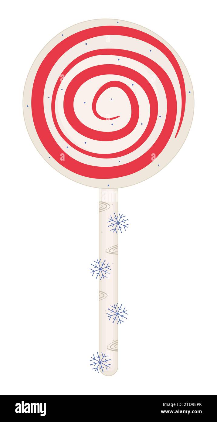 Lecca-lecca rotonda su un bastoncino, caramelle circolari con un vortice rosso, caramello invernale con spirale e fiocchi di neve, illustrazioni vettoriali di colore ruvido Illustrazione Vettoriale