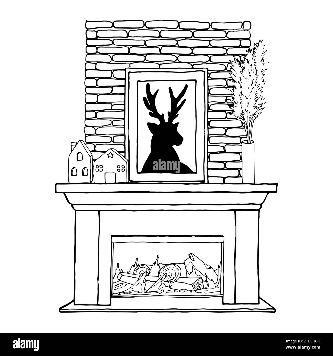 Interni con illustrazione vettoriale del soggiorno con camino, pittura con cervo, legna da ardere, torcia in ceramica, casa con candelabro. Una semplice mano di linea Illustrazione Vettoriale