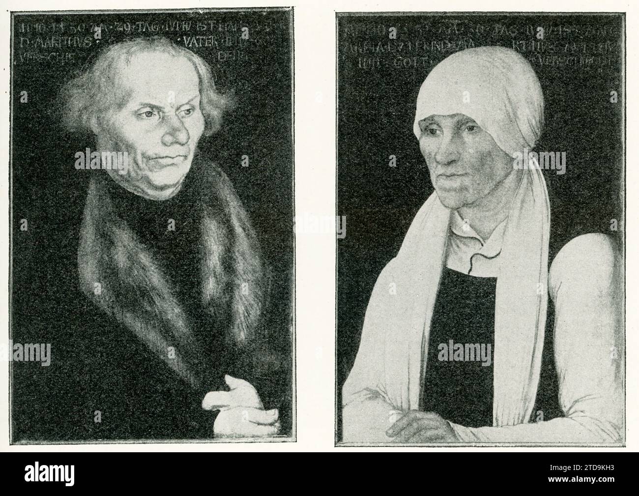 Qui sono mostrati i genitori di Martin Lutero, dipinto da Lucas Cranach il Vecchio. Martin Lutero era un prete tedesco, la figura principale della riforma protestante, e le sue credenze teologiche costituiscono la base del luteranesimo. Lutero fu ordinato sacerdote nel 1507 e morì nel 1546. Lucas Cranach il Vecchio (morto nel 1553) è stato un pittore e incisore tedesco del Rinascimento. Fu pittore di corte presso gli elettori di Sassonia per la maggior parte della sua carriera ed è noto per i suoi ritratti dei leader della riforma. Foto Stock