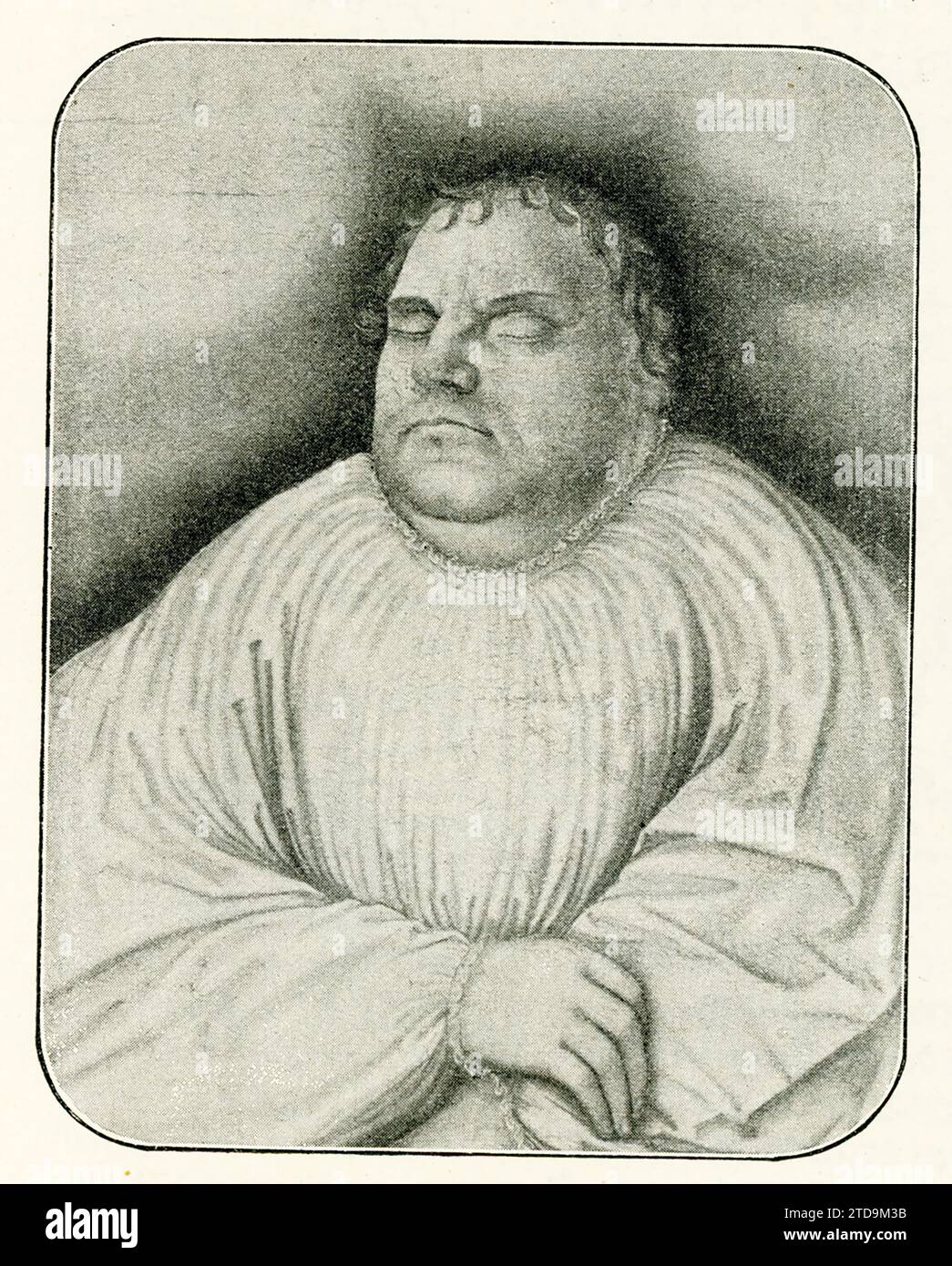 Questa immagine mostra il dipinto di Lucas Cranach il Vecchio di Martin Lutero sul suo letto di morte. Martin Lutero era un prete tedesco, la figura principale della riforma protestante, e le sue credenze teologiche costituiscono la base del luteranesimo. Lutero fu ordinato sacerdote nel 1507 e morì nel 1546. Lucas Cranach il Vecchio (morto nel 1553) è stato un pittore e incisore tedesco del Rinascimento. Fu pittore di corte presso gli elettori di Sassonia per la maggior parte della sua carriera ed è noto per i suoi ritratti dei leader della riforma. Foto Stock