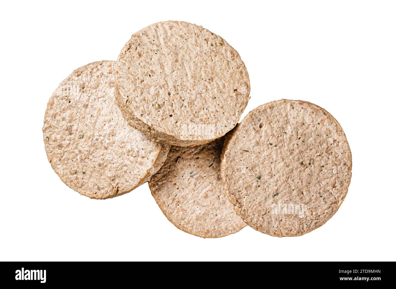 Cotolette di hamburger crude a base di carne vegetale, polpettine vegane crude isolate su sfondo bianco Foto Stock