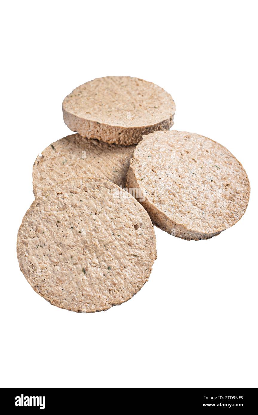 Polpettine di hamburger a base di carne cruda, cotolette vegetariane. Isolato su sfondo bianco Foto Stock