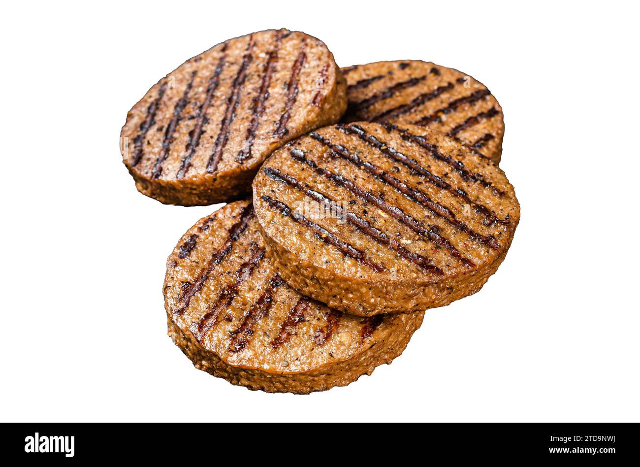 Polpettine grigliate senza carne, cotolette di carne a base vegetale. Isolato su sfondo bianco Foto Stock