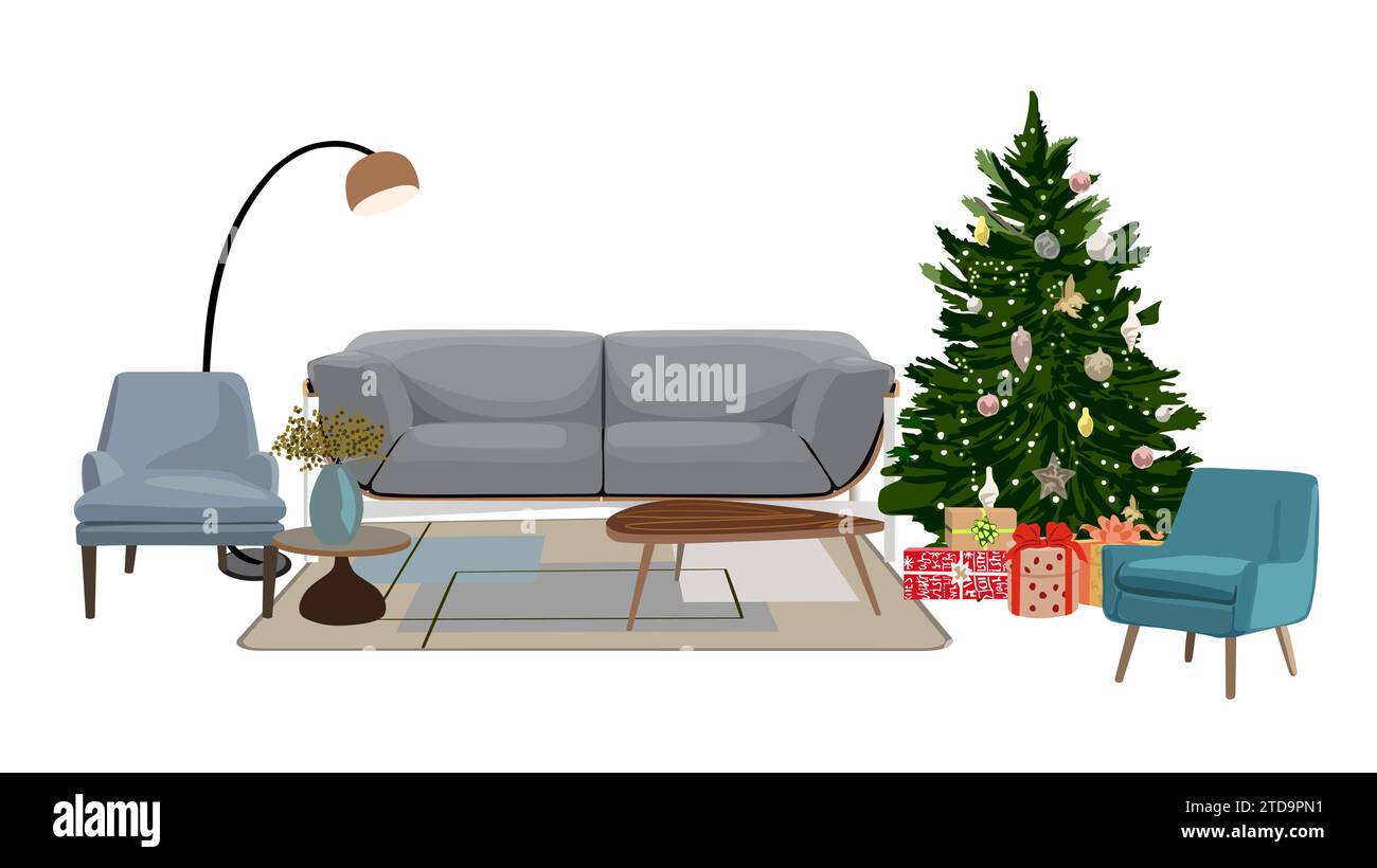 Interno del soggiorno con vettoriale dell'albero di Natale. Illustrazione Vettoriale