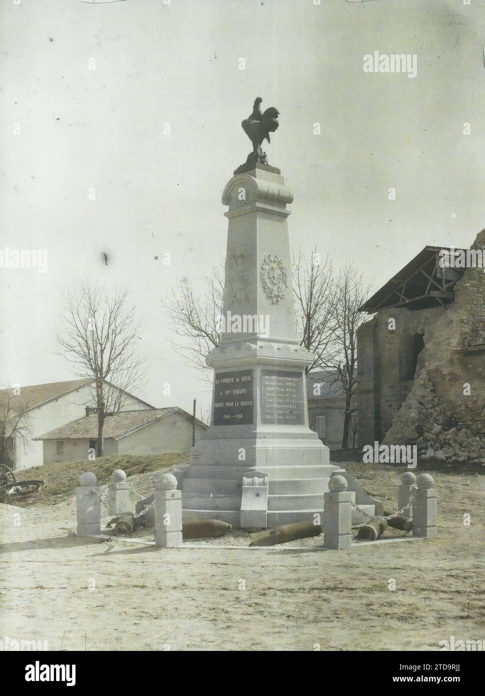 Beine, Francia, animali, Arte, iscrizione, informazioni, prima Guerra Mondiale, Statua, animale rappresentato, animale fantastico, scultura, iscrizione commemorativa, commemorazione, conchiglie, memoriale di guerra, decorazione scolpita, post-guerra, Francia, Beine vicino Reims, il memoriale di guerra, Beine-Nauroy, 08/04/1924 - 08/04/1924, Léon, Auguste, fotografo, 1924 (?) - Reims - Auguste Léon, Autochrome, Photo, Glass, Autochrome, foto, positiva Foto Stock