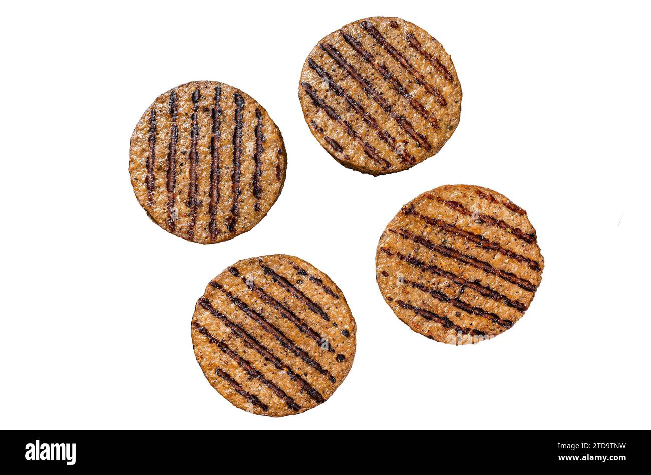 Hamburger di carne alla griglia a base di piante vegetariane, cotolette vegane su padella alla griglia. Isolato su sfondo bianco Foto Stock
