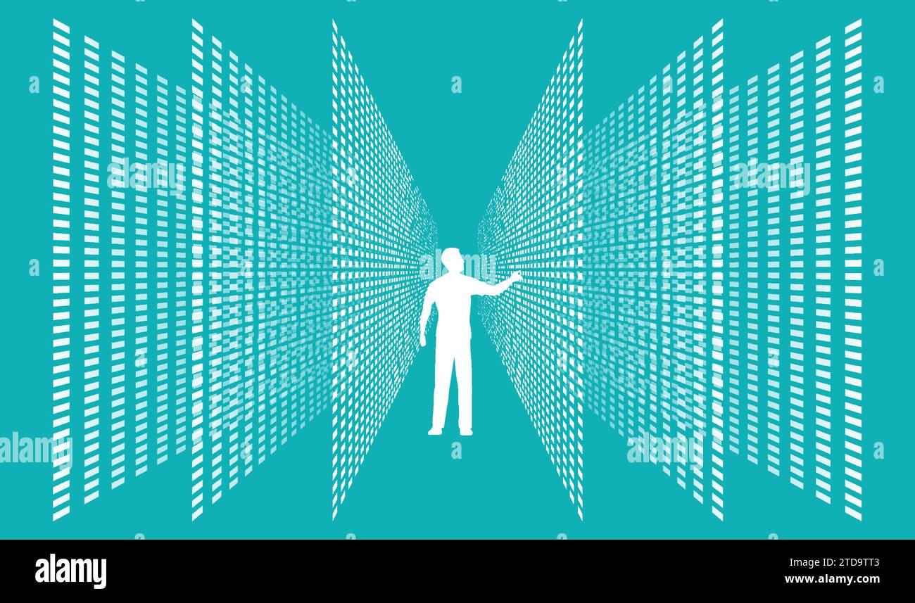 Un essere umano cerca tra righe di stock di dati ordinati. Catalogo delle schede della biblioteca. Caos e ordine. Analisi dei big data. Illustrazione Vettoriale