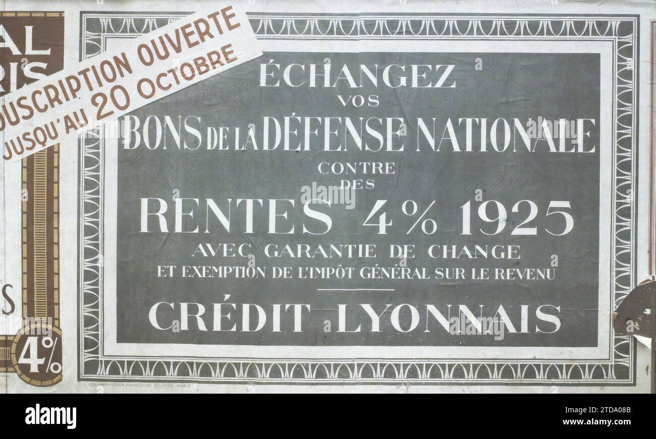 Parigi, Francia poster del prestito, Crédit Lyonnais, attività economica, registrazione, informazioni, Loan, Bank, Finances, poster, Francia, Parigi, poster del prestito 4% 1925: poster del Crédit Lyonnais, Parigi, 20/10/1925 - 20/10/1925, Léon, Auguste, fotografo, Autochrome, foto, vetro, Autochrome, foto, positivo, orizzontale, dimensioni 9 x 12 cm Foto Stock