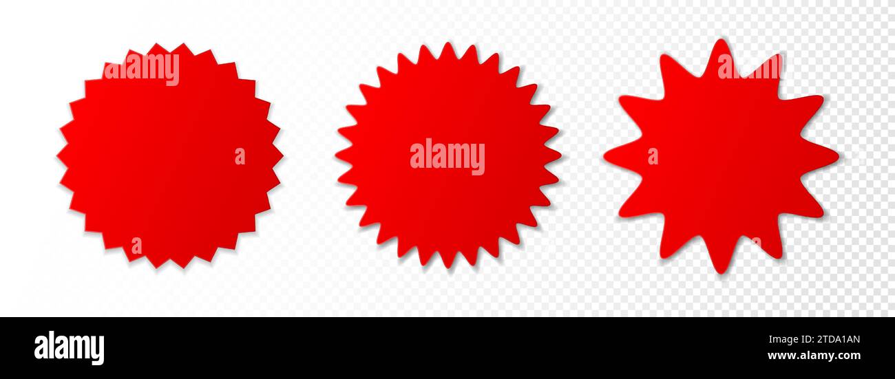 Una serie di badge pubblicitari rossi su sfondo bianco. Illustrazione Vettoriale