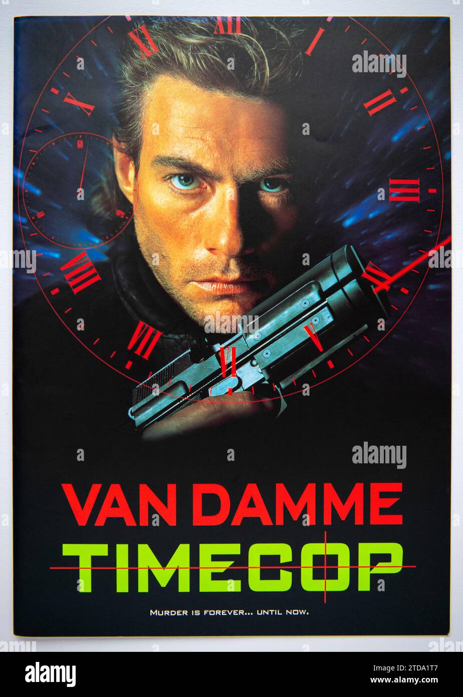Copertina di informazioni pubblicitarie per Timecop, un film d'azione fantascientifico con Jean-Claude Van Damme, uscito nel 1994 Foto Stock