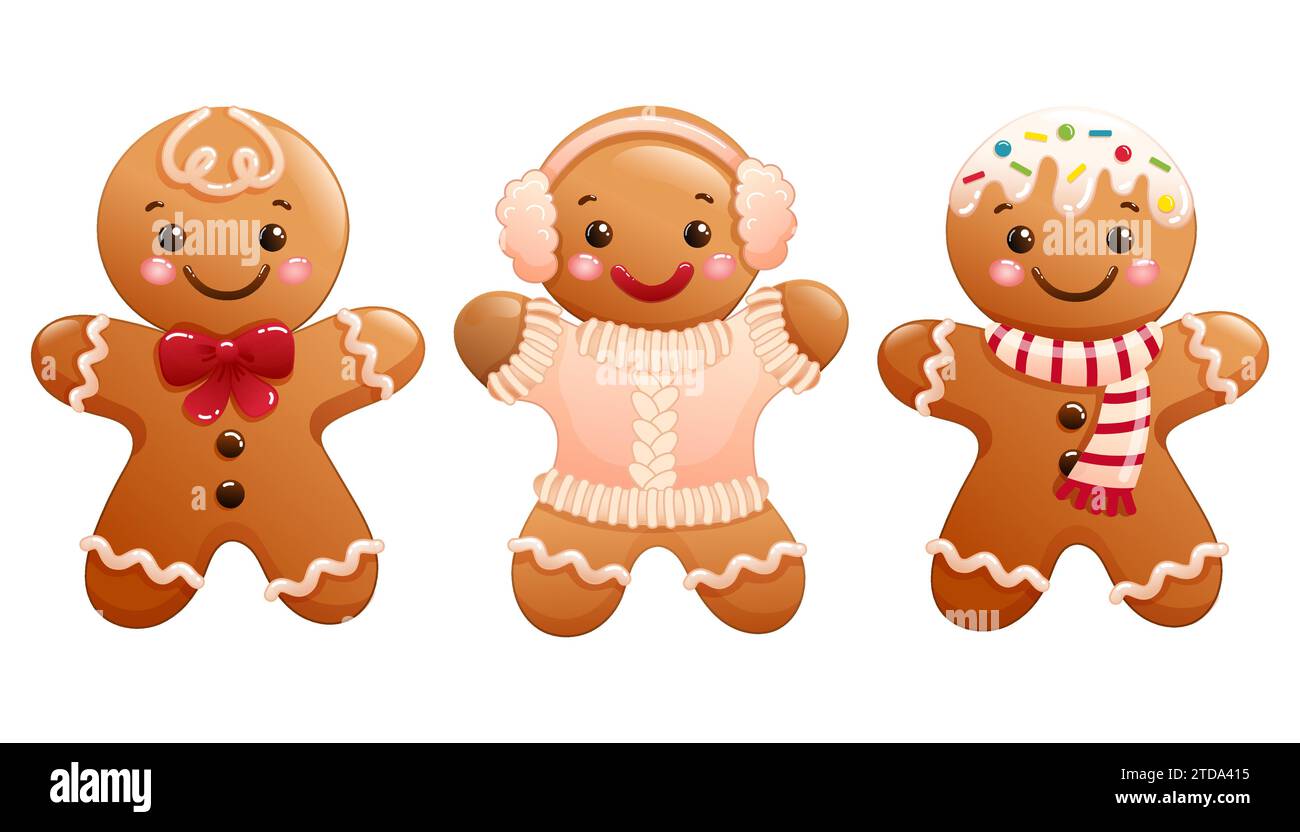 Set di graziose illustrazioni vettoriali natalizie di uomini e donne con cartoni animati di pan di zenzero. Divertente clipart delle vacanze disegnato a mano Illustrazione Vettoriale