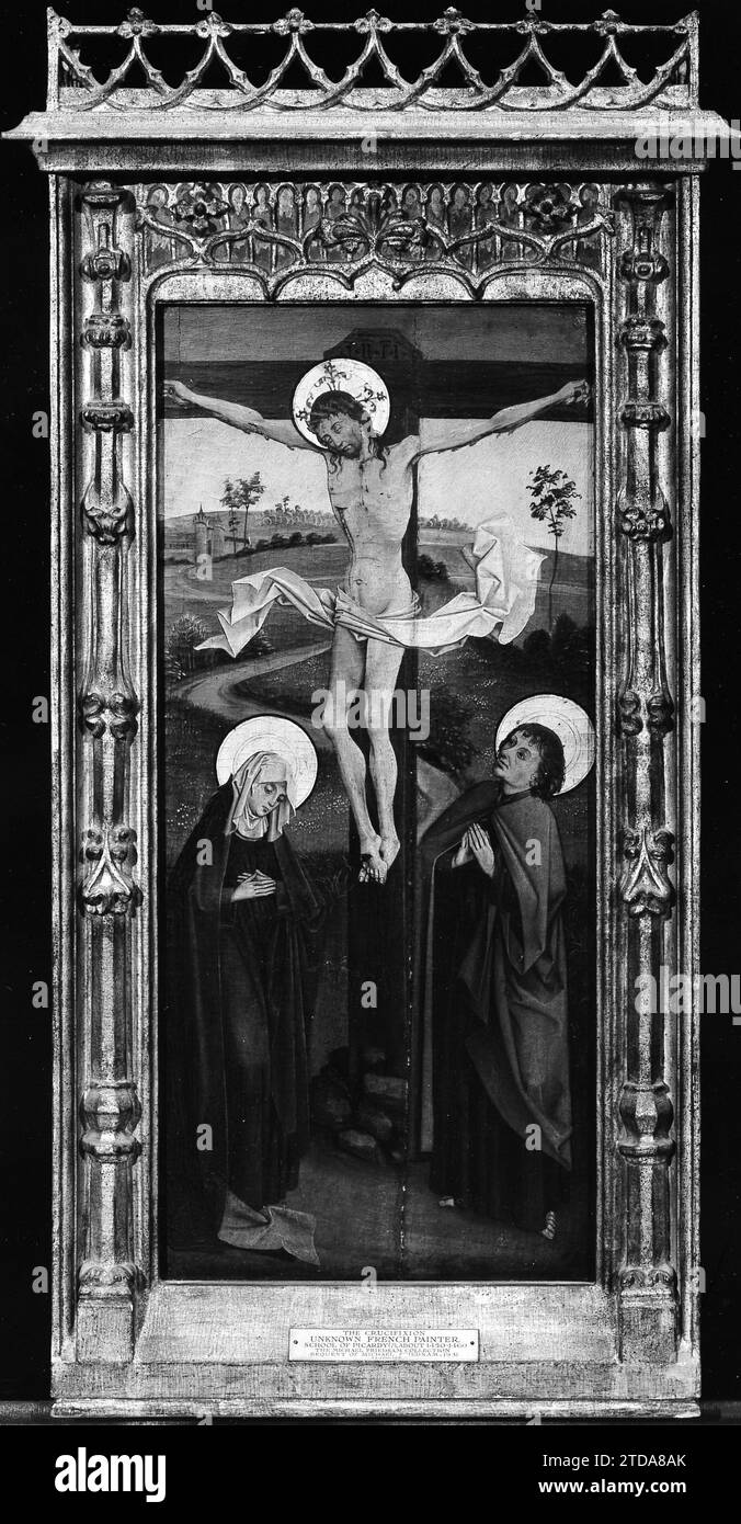 La Crocifissione, (al contrario) San Francesco d'Assisi; la Resurrezione, (al contrario) un santo abate, forse San Benedetto 1932 del Pittore francese del Nord Foto Stock