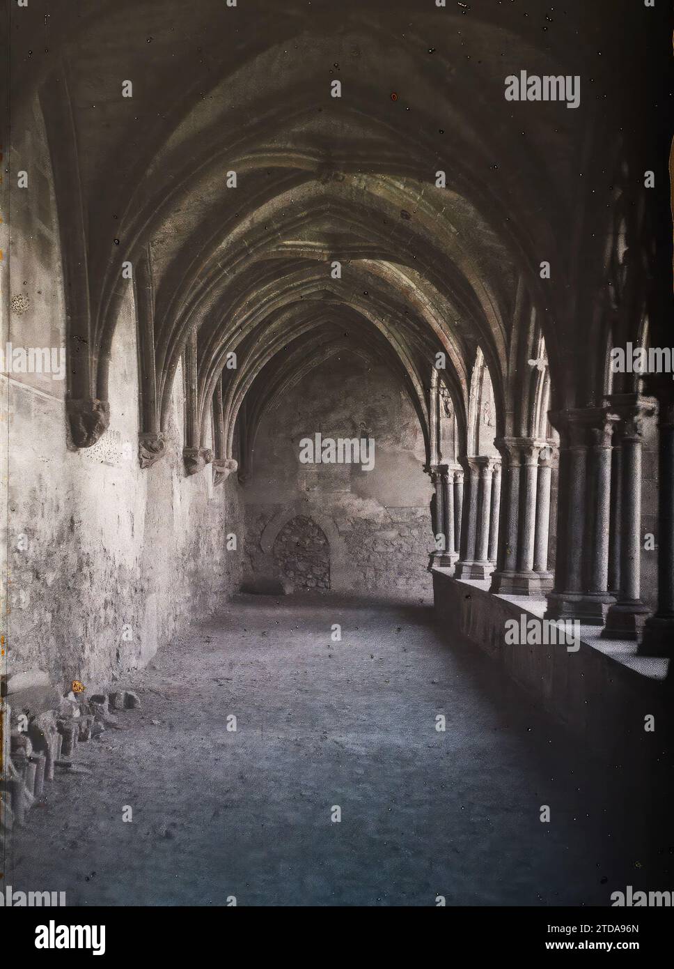 Abondance, alta Savoia, Francia, religione, Arte, habitat, architettura, Cristianesimo, Chiostro, Monastero, vault, Medioevo, Galleria, architettura religiosa, Francia, hte Savoie, ambulatorio del Chiostro di Assondanza, Abondance, 20/08/1930 - 20/08/1930, Passet, Stéphane, fotografo, 1930 - Haute-Savoie - Stéphane Passet - (10 agosto - 22 agosto), Autochrome, Photo, Glass, Autochrome, foto, positiva Foto Stock