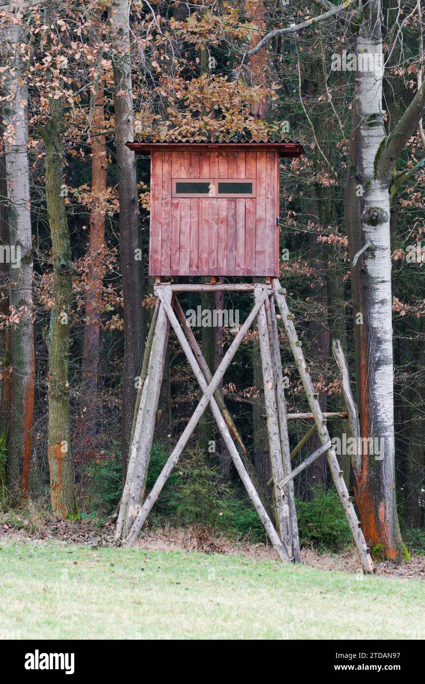 Posto alto per cacciatori e guardiacaccia nella foresta. Natura della repubblica Ceca. Foto Stock