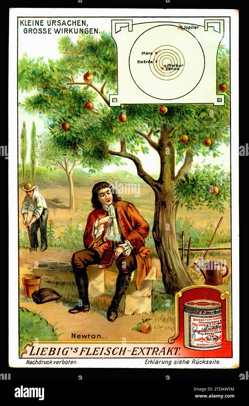 Biglietto d'epoca Liebig Trade Card S1126 Great Discoveries - Sir Isaac Newton Foto Stock