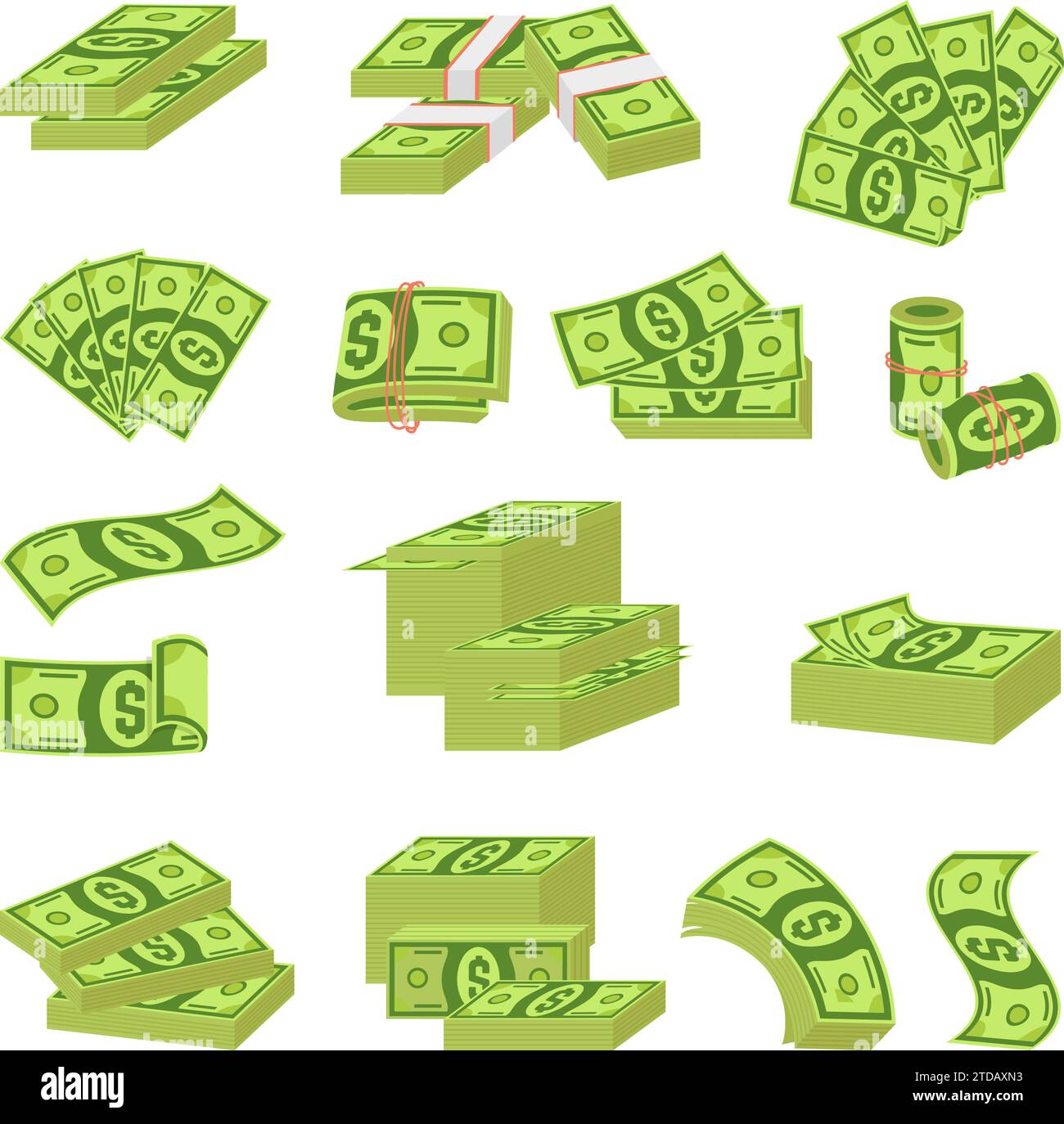 Soldi dei cartoni animati. Abbondanza di dollari verdi in fan, pile e pile. Elementi finanziari e bancari. Banconote isolate, insieme di vettori di valuta neoterica Illustrazione Vettoriale
