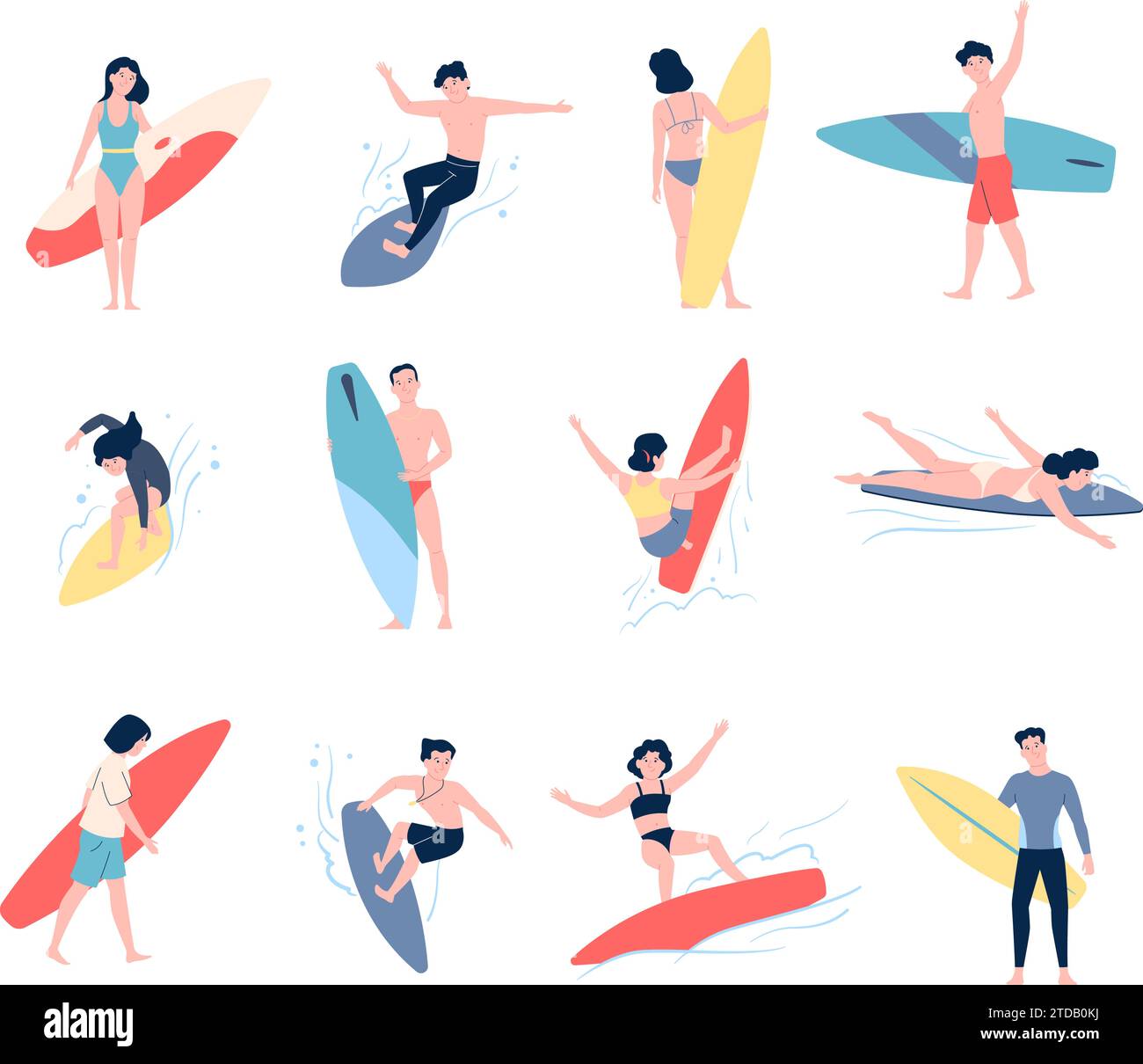 Surfers personaggi che nuotano sulle tavole. Attività estive in acqua sulla spiaggia. Riposo stagionale, allenamento professionale di surfisti, gente vettoriale piatta recente Illustrazione Vettoriale