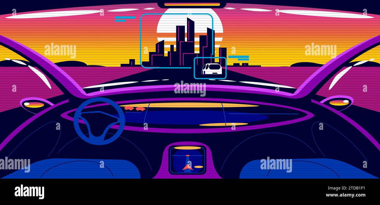 All'interno di un'auto intelligente. Rilassate la guida autonoma negli interni futuristici dell'auto, schermi del cruscotto pannello digitale del salone di bellezza di un veicolo senza pilota, illustrazione vettoriale della visione di gioco dell'autopilota a guida autonoma Illustrazione Vettoriale
