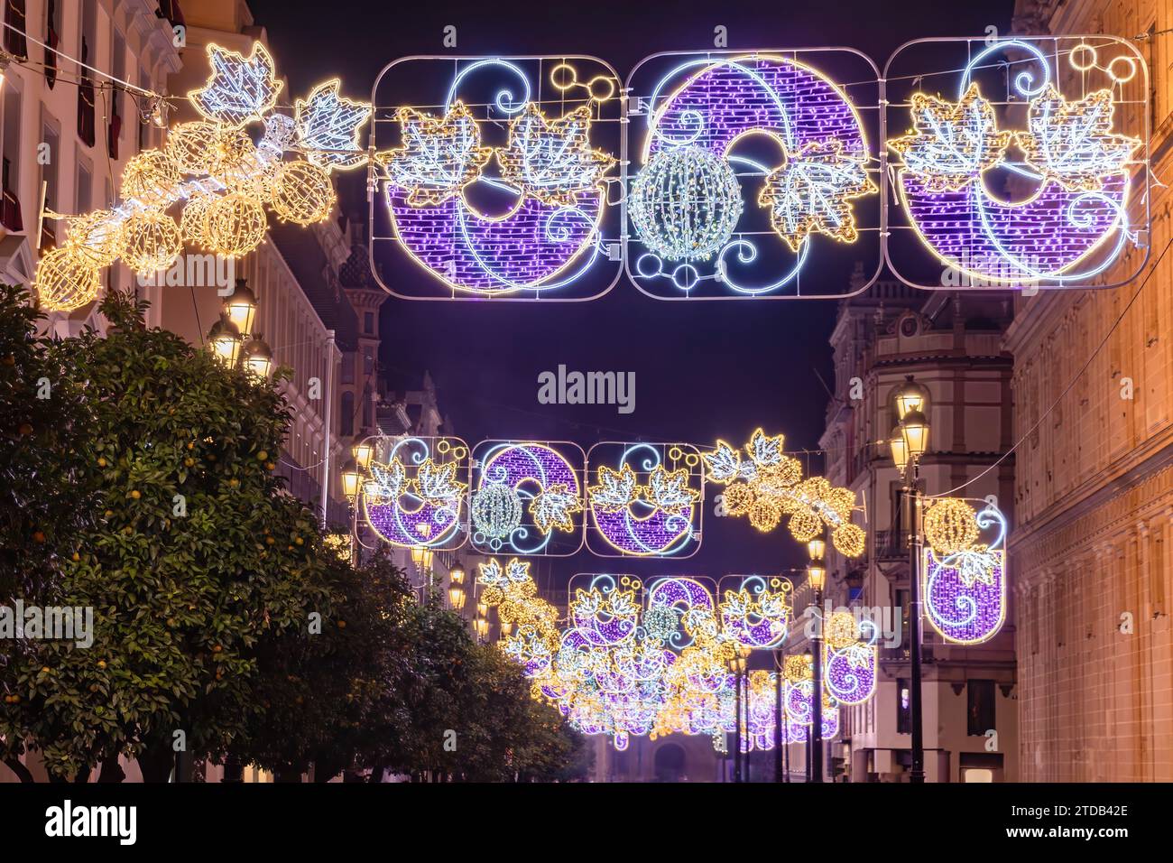 Decorazione delle luci natalizie in Viale della Costituzione, Avenida de la Constitucion, intorno alla Cattedrale di Siviglia nel periodo natalizio, attenzione selettiva Foto Stock