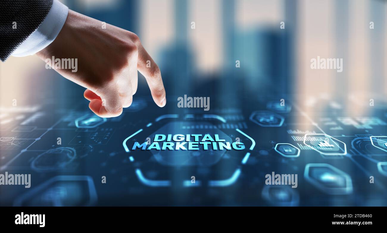 Marketing digitale online. Analisi della crescita dei dati di vendita sulle icone delle interfacce moderne. Foto Stock