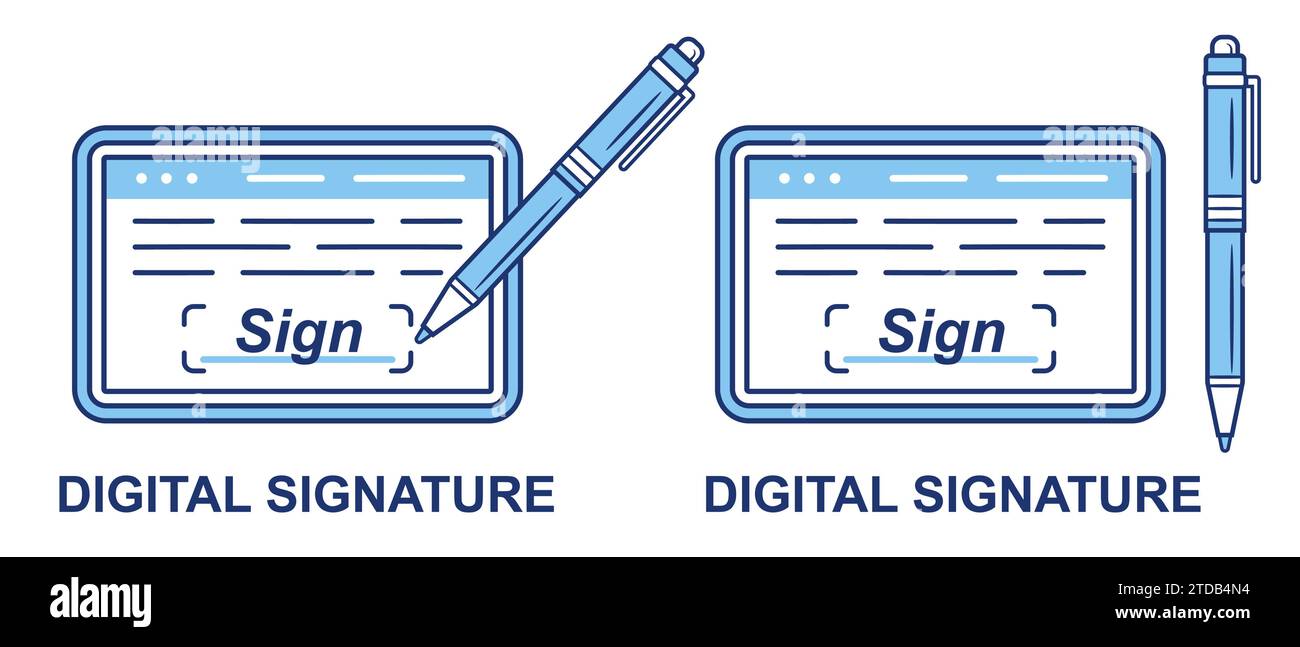 Firma elettronica digitale, documento aziendale con firma a mano online con icona a forma di penna. Firma elettronica sul telefono cellulare e sullo schermo del dispositivo tablet. Vettore Illustrazione Vettoriale