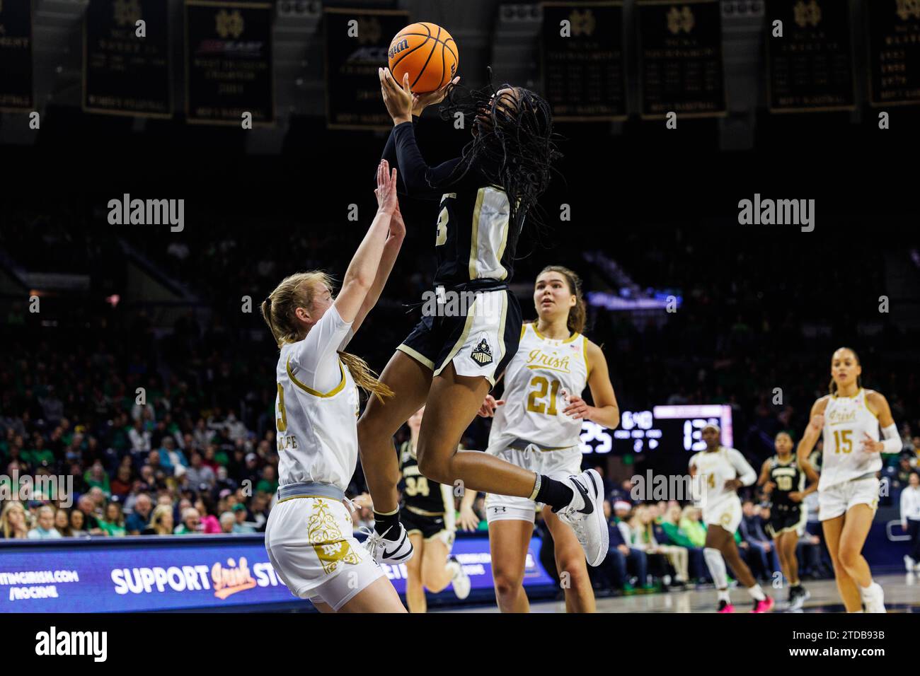 South Bend, Indiana, USA. 17 dicembre 2023. La guardia Purdue Jayla Smith (3) si prepara a un tiro mentre la guardia di Notre Dame Anna DeWolfe (13) difende durante l'azione di pallacanestro femminile NCAA tra i Purdue Boilermakers e i Notre Dame Fighting Irish al Purcell Pavilion presso il Joyce Center di South Bend, Indiana. Notre Dame ha sconfitto Purdue 76-39. John Mersits/CSM (immagine di credito: © John Mersits/Cal Sport Media). Credito: csm/Alamy Live News Foto Stock