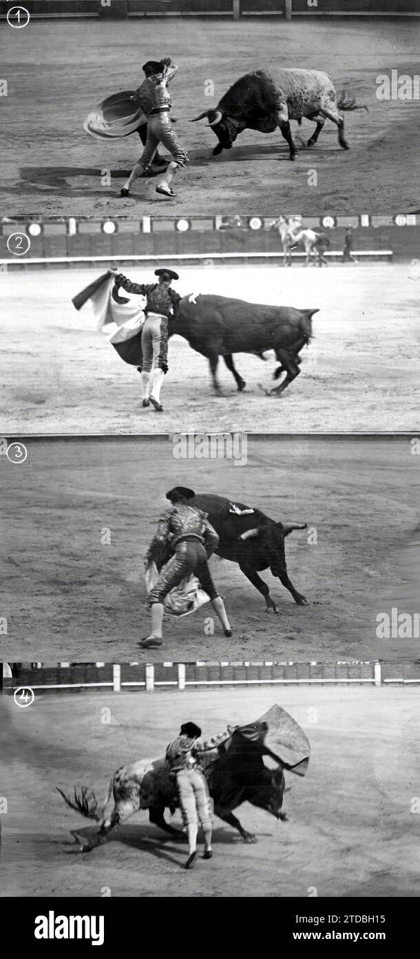 05/29/1917. Dalla corrida di ieri a Madrid. 1.-gallo in una Rebolera. Martin Vázquez Lanceando de Capa. 3.-gallito finire un bel po', e 4, Belmonte in una Veronica. Crediti: Album / Archivo ABC / Julio Duque Foto Stock