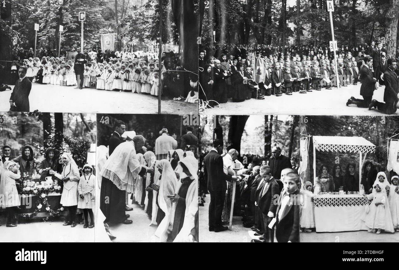 05/16/1922. Madrid. La solennità eucaristica di ieri. 1 e 2, due dei numerosissimi gruppi di ragazzi e ragazze che ieri hanno ricevuto la Santa Comunione al ritiro. 3 e 6, due delle bancarelle, gestite da signore aristocratiche, in cui la colazione veniva servita ai bambini. 4 e 5, First Communion Boys and Girls. Crediti: Album / Archivo ABC / Larregla,José Zegri Foto Stock