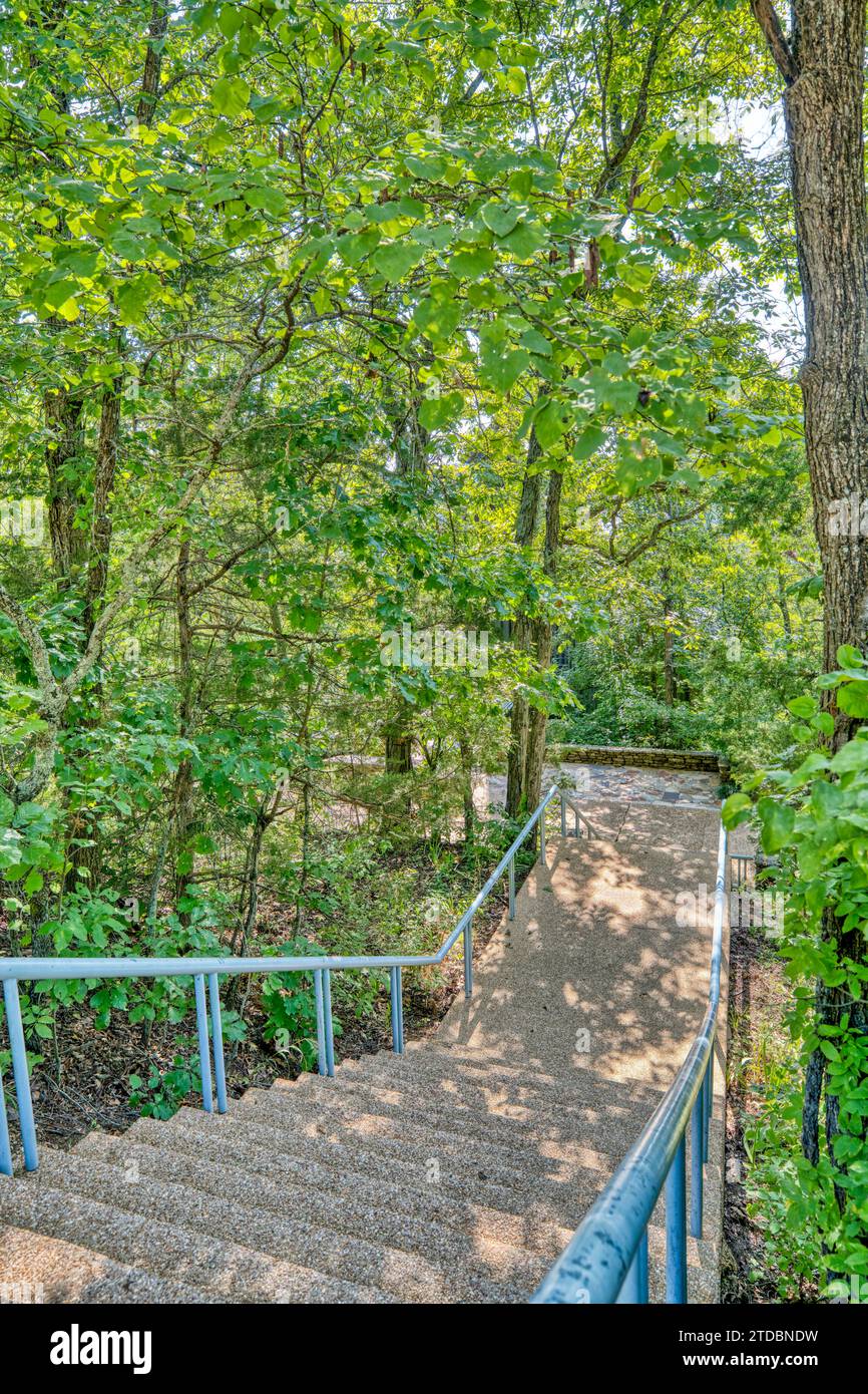 Scale che conducono al Meditation Center presso la Thorncrown Chapel, un luogo non confessionale per la meditazione e i matrimoni a Eureka Springs, Arkansas. Foto Stock