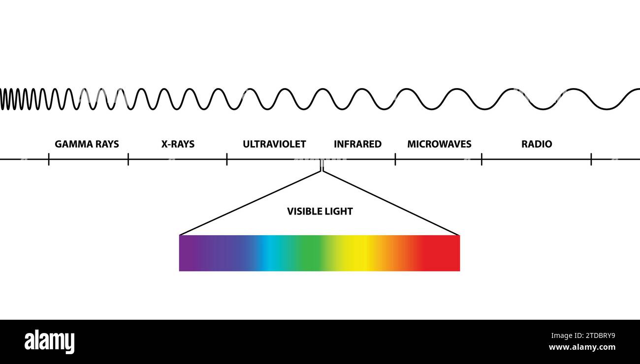 Frequenze, regione di luce visibile dello spettro elettromagnetico, visibile all'occhio umano, radiazione elettromagnetica, onde radio basse, alte, microonde Illustrazione Vettoriale