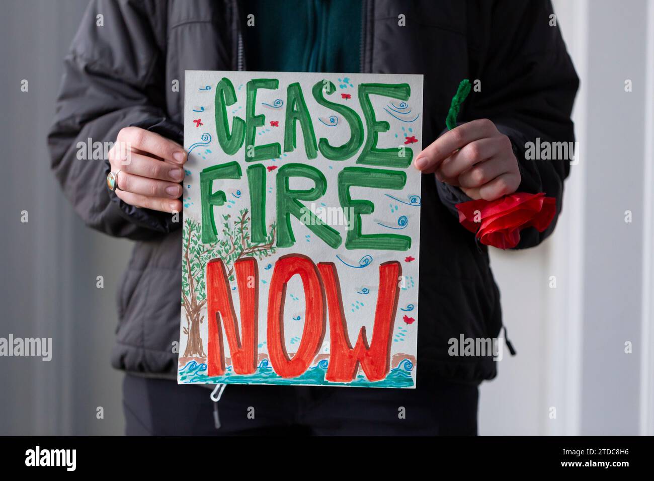 Seattle, Washington, USA. 17 dicembre 2023. Emily Zonder posa con il loro disegno che sarà consegnato al senatore di Washington Patty Murray al Rainier Arts Center. Jewish Voice for Peace ha organizzato l'evento Portraits for Palestine a sostegno di un cessate il fuoco a Gaza. Credito: Paul Christian Gordon/Alamy Live News Foto Stock
