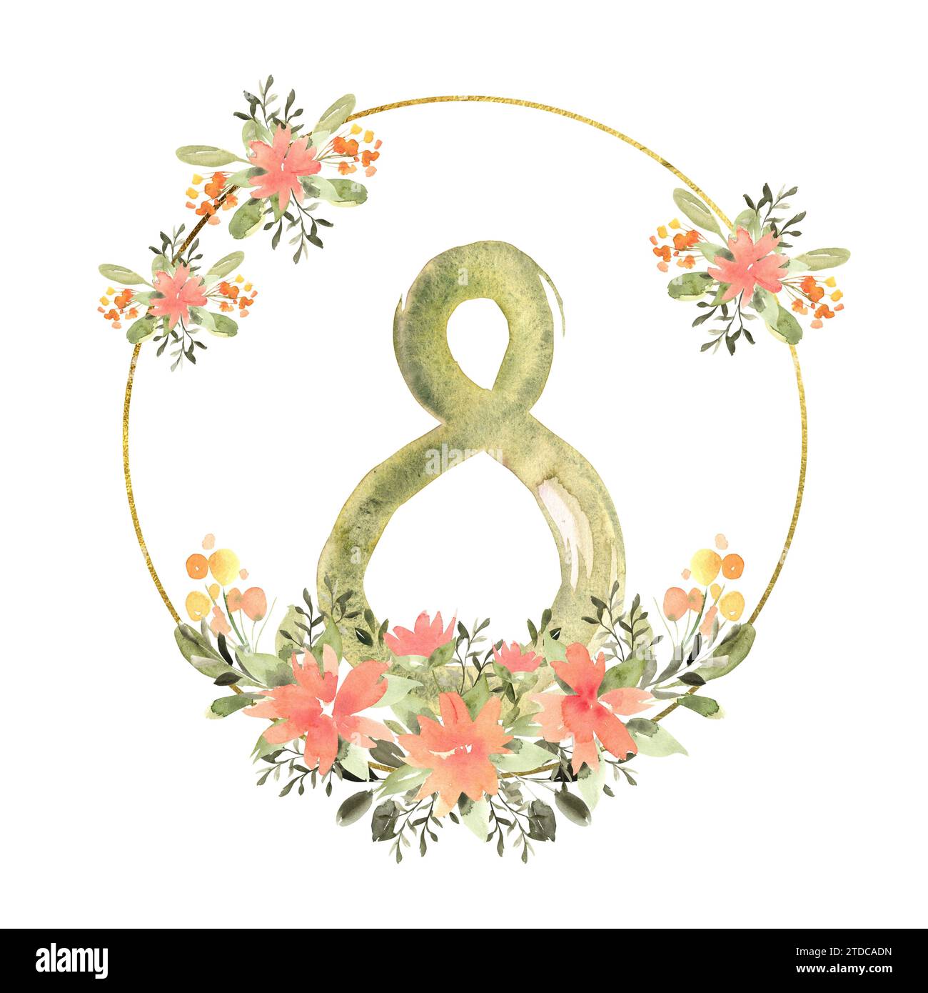 Cornice rotonda ad acquerello floreale con fiori arancioni, gialli e verde, cornice con struttura dorata e 8 marzo. Illustrazione a mano di botanica Foto Stock