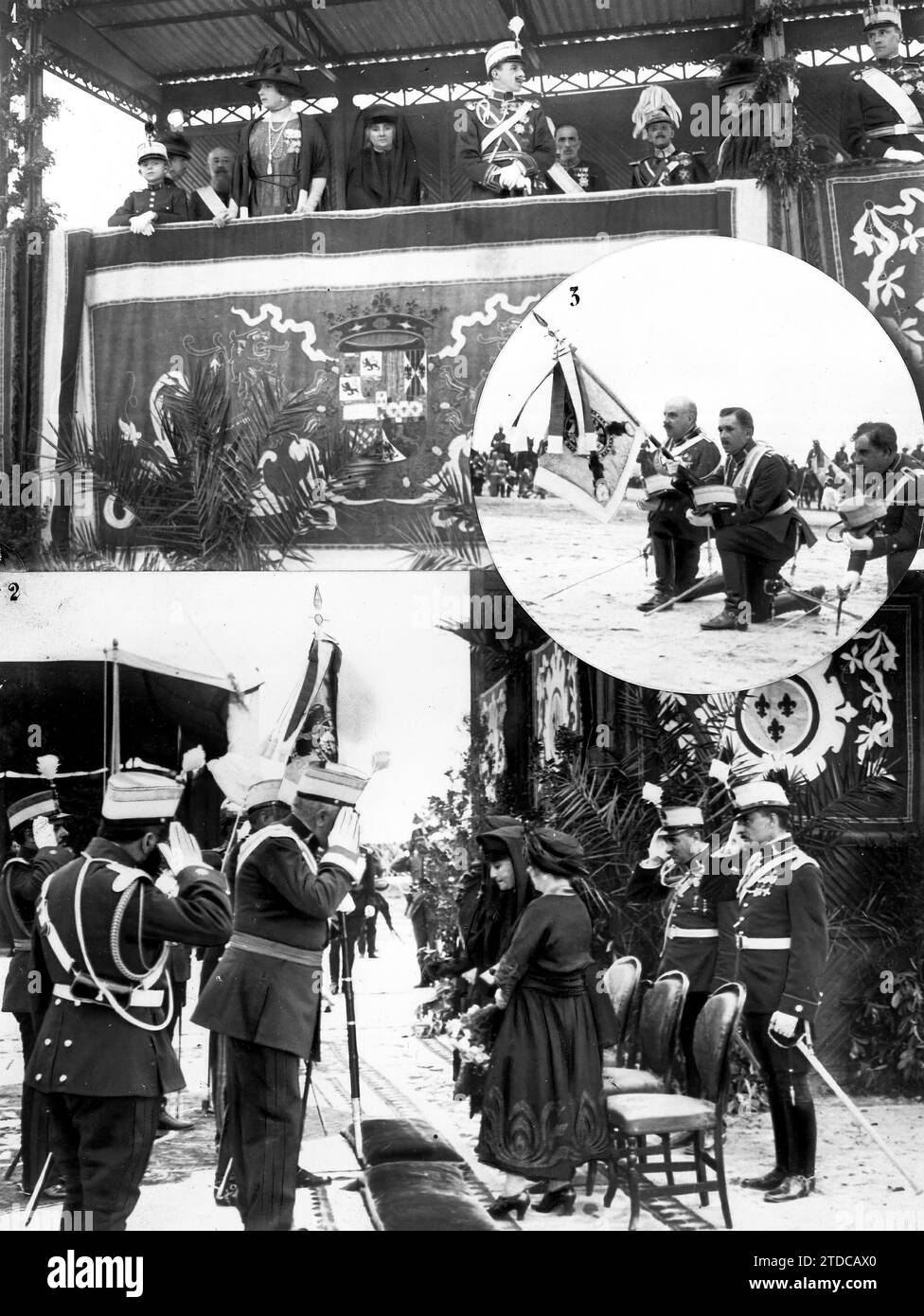 06/01/1921. Nel campo di Carabanchel. Benedizione e consegna dello standard del battaglione radiotelegrafico. 1) la famiglia reale sul loro Tribune. 2) la contessa di Romanones (X), donatrice della bandiera, alla cerimonia di consegna. 3. Il banner della messa (foto di Duke). Crediti: Album / Archivo ABC / Julio Duque Foto Stock