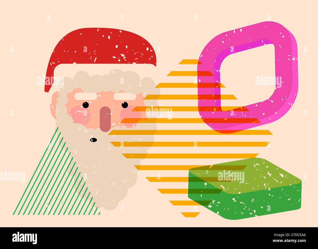 Testa di Babbo Natale risografo, faccia con forme geometriche. Oggetti in stile grafico riso alla moda con elementi geometrici. Illustrazione Vettoriale