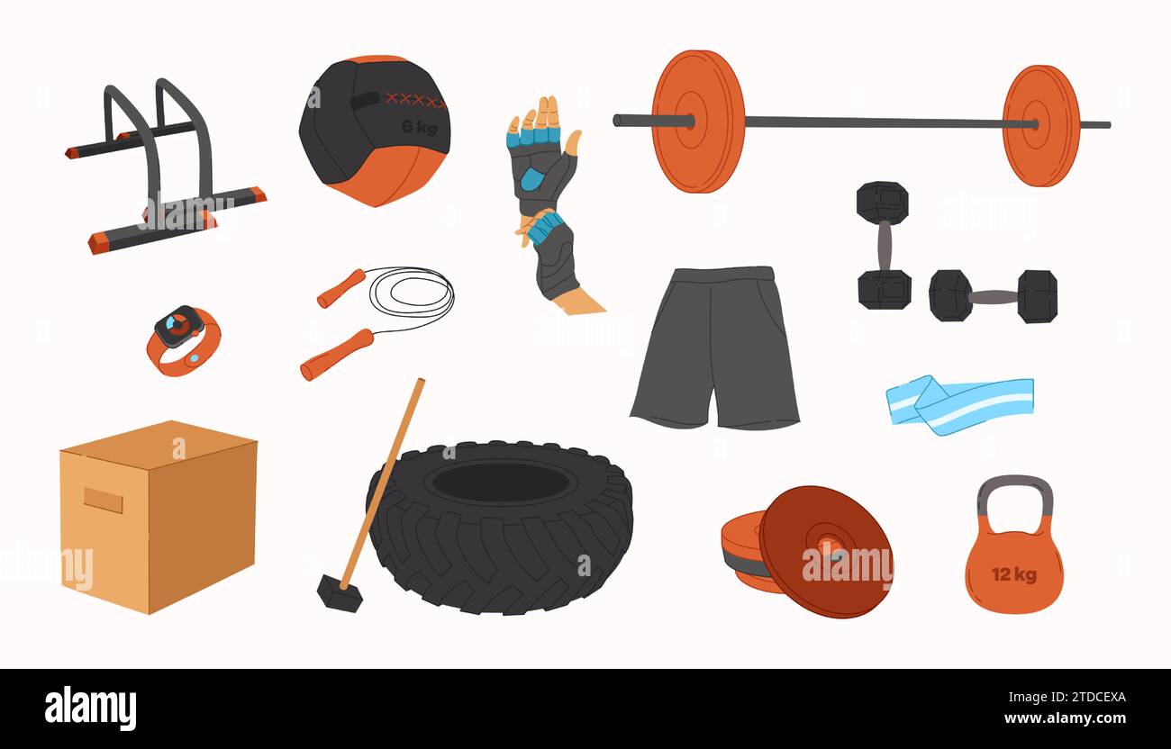 Set di oggetti di allenamento vettoriale. Attrezzature da palestra dal design piatto. Collezione a tema sportivo. Ideale per la guida sportiva Illustrazione Vettoriale