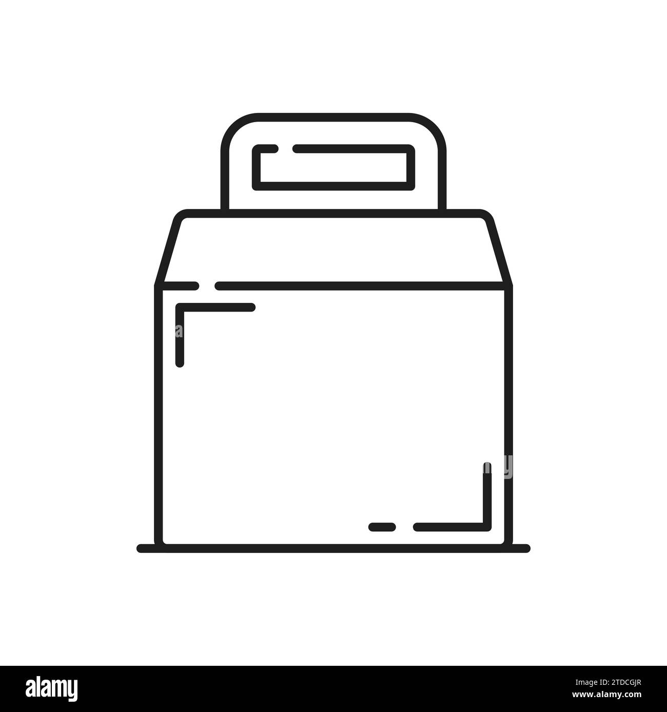 Portavivande di carta, contenitore per alimenti artigianali, icona del contorno del sacchetto di cartone. Modello di contenitore per fast food a estrazione vettoriale, modello di imballaggio per prelievo Illustrazione Vettoriale