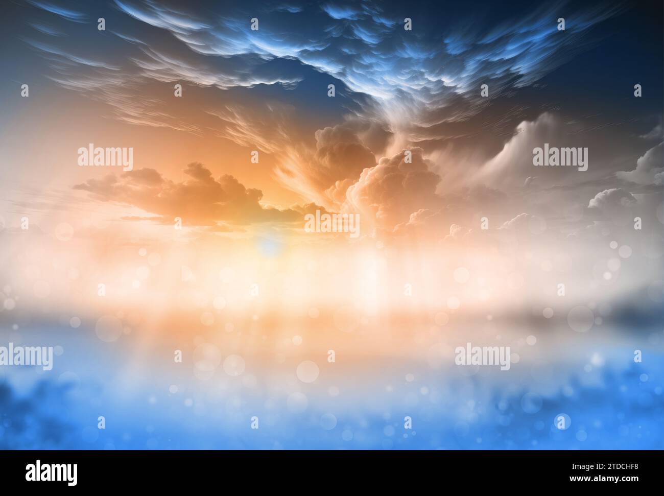 Splendido cielo al tramonto sopra le nuvole con una luce spettacolare. Vista della cabina dall'aereo. alba su cielo blu. Cielo blu con alcune nuvole. Vista sulle nuvole Foto Stock