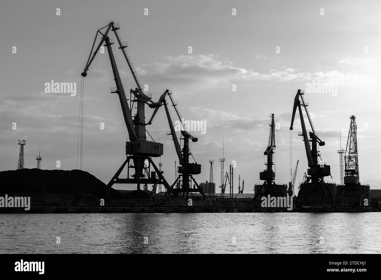Gru portuali nel porto marittimo di Kaliningrad, Russia. Foto silhouette Foto Stock