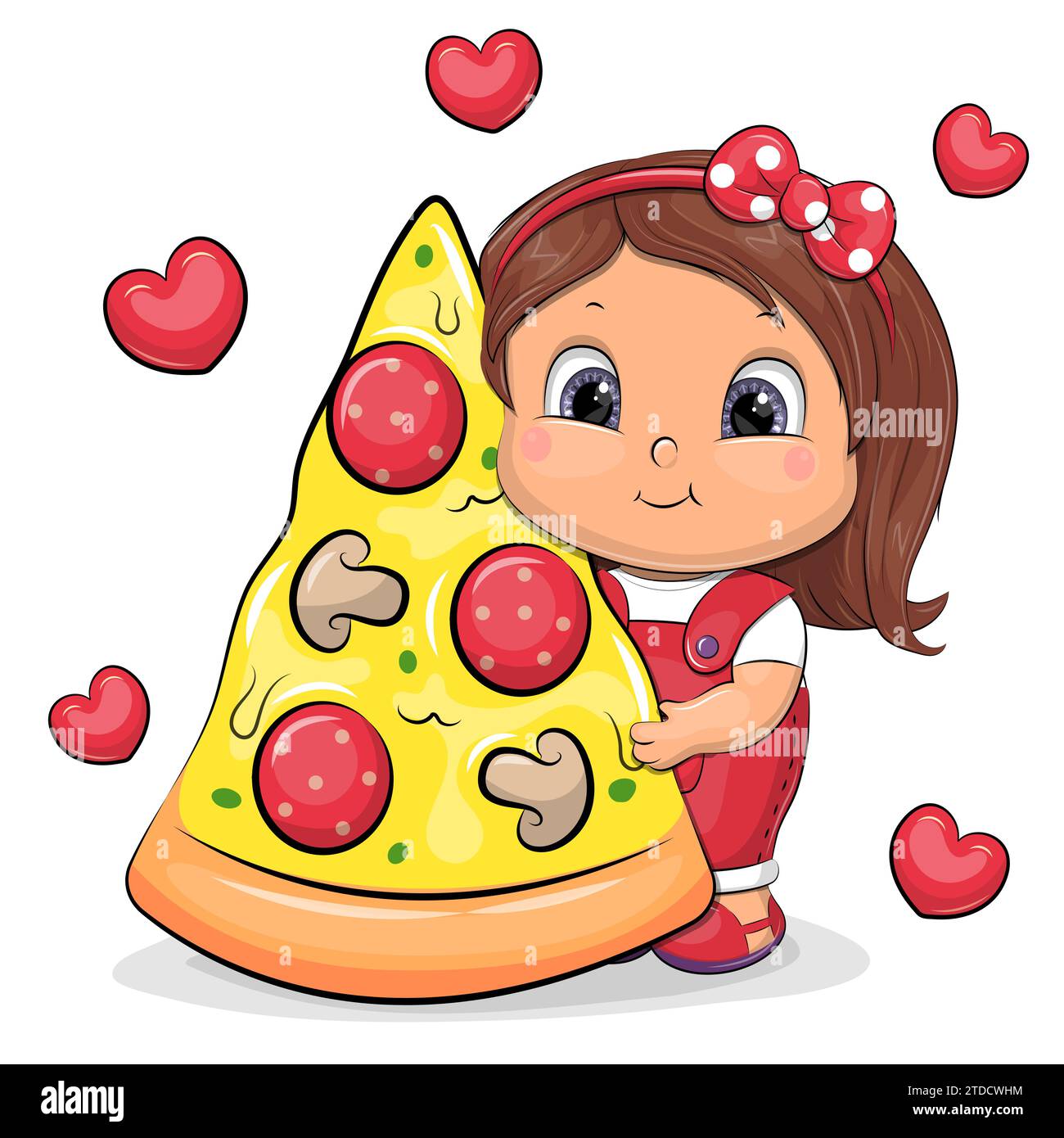 Carina ragazza dei cartoni animati con un grosso pezzo di pizza. Illustrazione vettoriale di una donna su sfondo bianco con cuori rossi. Illustrazione Vettoriale