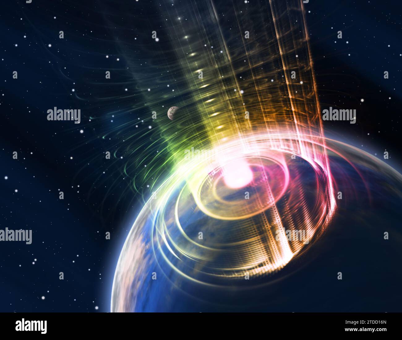 Grande tempesta solare che colpisce la Terra, illustrazione 3d. Foto Stock