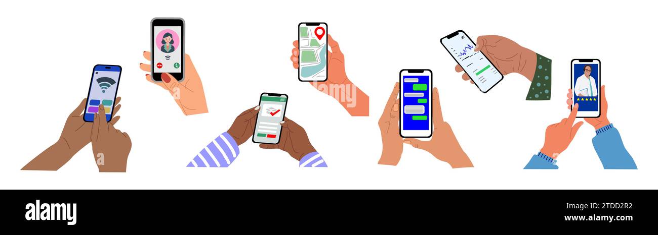 Set di mani che reggono lo smartphone con le app mobili. Illustrazione Vettoriale