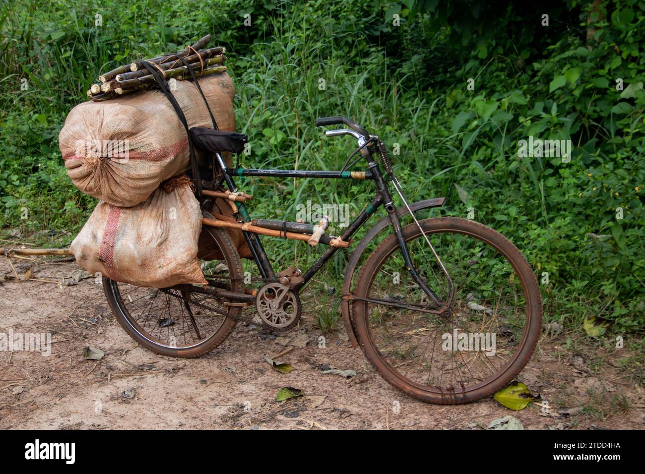 Vecchia bicicletta rustica carica di carichi pesanti e merci, modo di trasporto in luoghi remoti in Africa Foto Stock