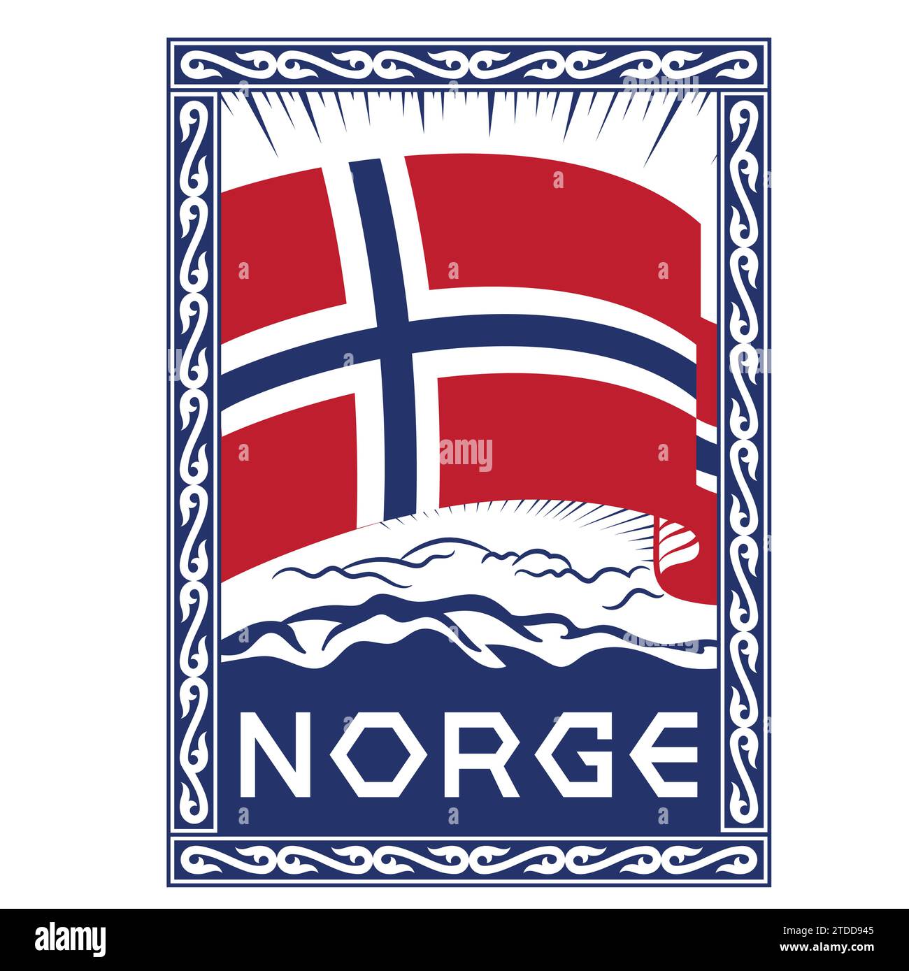 Design in stile vichingo. Bandiera norvegese d'epoca incorniciata da antichi motivi celtici scandinavi e scritte norvegesi Illustrazione Vettoriale